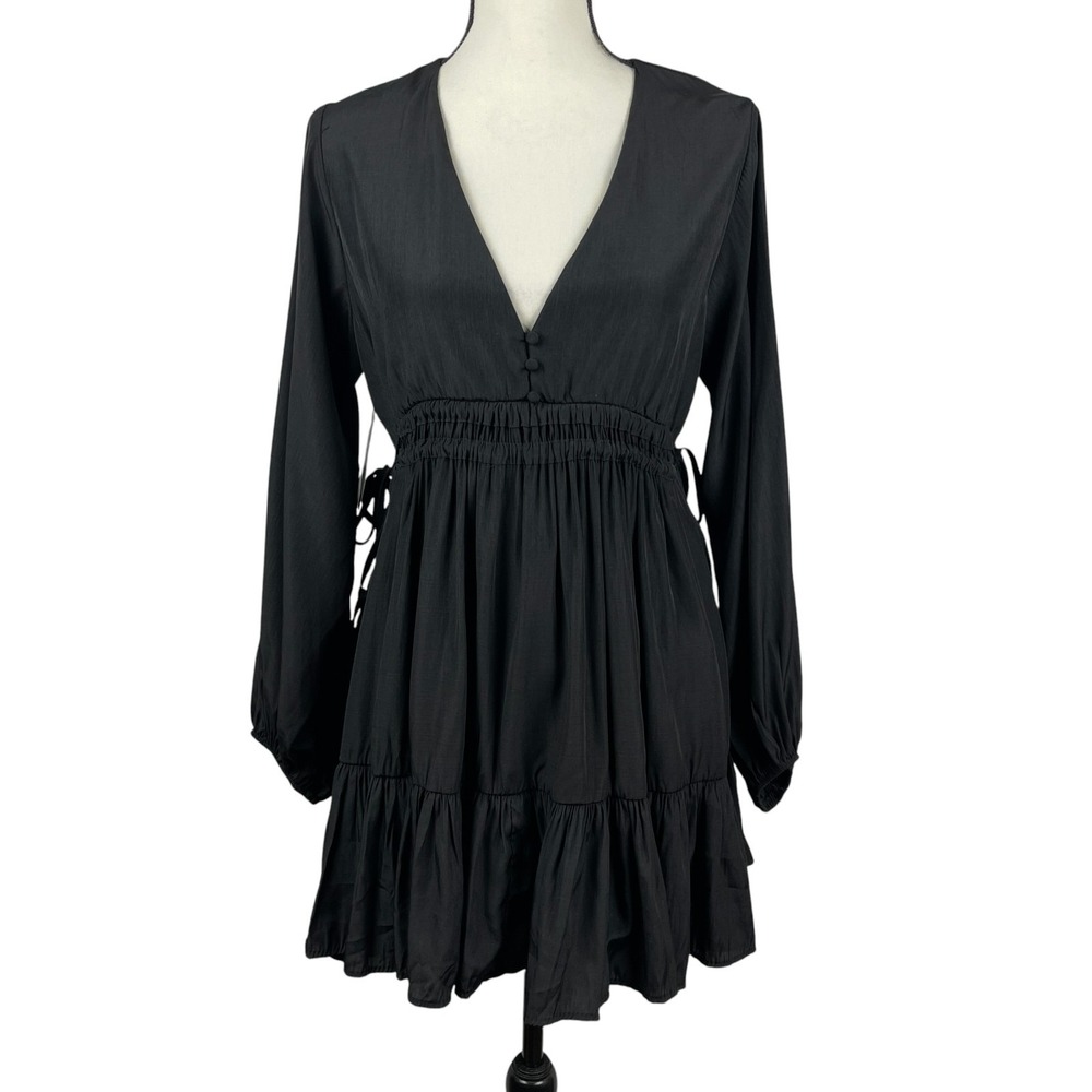 Mustard Seed Mini Dress Small Black V-Neck Tiered Drawstring Waist Long Sleeve